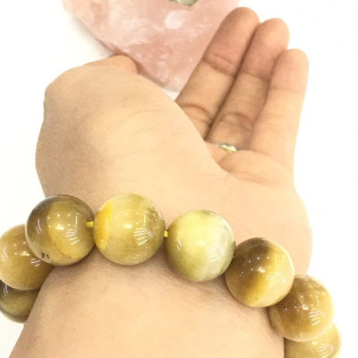 Vòng tay đá mắt hổ vàng tươi VIP 12ly - nam - Hợp mệnh: Kim, Thổ, Hỏa  (tặng kèm vòng gỗ cánh ván, dây xâu))