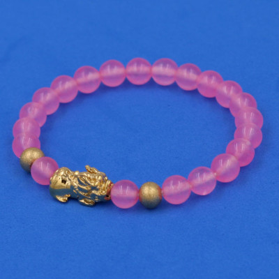 Vòng đeo tay Thạch Anh Hồng Phấn 6 ly cẩn Tỳ Hưu inox vàng VTAHPTHHBV6 - hợp mệnh Hỏa, mệnh Thổ