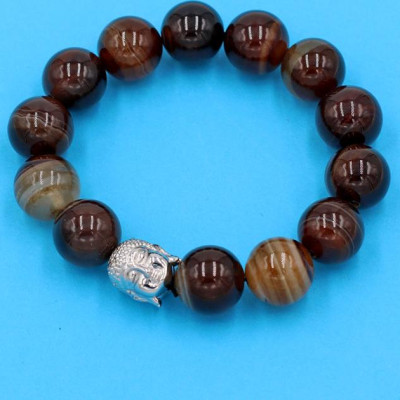 Chuỗi tay mã não nâu sọc 14 ly - cẩn hạt Như Lai Inox trắng VMNNSNLT14 - hợp mệnh Kim, mệnh Thổ