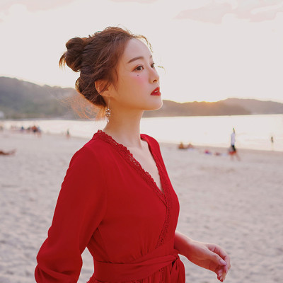 Váy maxi đi biển dài tay dáng lửng, cổ chữ V, lưng dây nơ điệu đà, thích hợp du lịch, đi biển, chụp ảnh | MX007