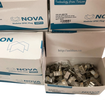 Đầu bấm mạng RJ45 cat5 chống nhiễu Nova CC-01-00175, Chân cắm mạ vàng 50U, vỏ bọc kim chống nhiễu - Hàng chính hãng