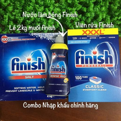 Combo viên rửa bát Finish 100 viên + Muối rửa bát 4.0kg+ Nước bóng 750m nhập khẩu chính hãng giá rẻ