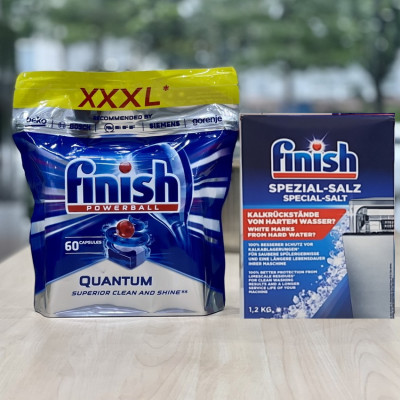 COMBO FINISH: Viên rửa bát Quantum max 60 viên + Muối rửa bát chén 1,2kg