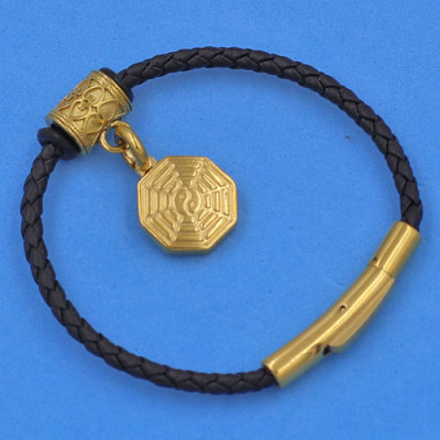 Vòng tay dây da khóa inox cao cấp size 3 ly mix Bát Quái inox vàng - Vòng tay Bát Quái - Vòng size nhỏ phù hợp cho nữ