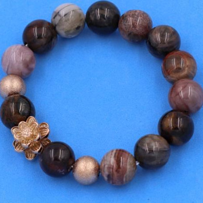 Vòng tay Gỗ Hóa Thạch size 12 ly charm Hoa Sen vàng hồng VGHTHSHBH12 - hợp tất cả các mệnh