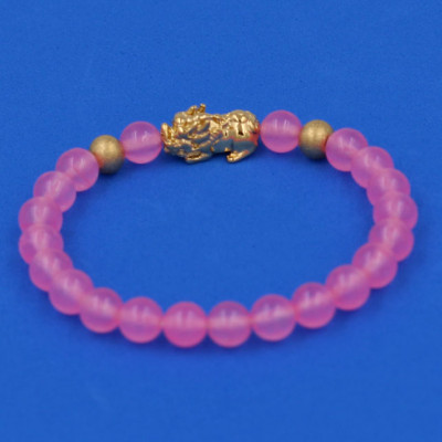 Vòng đeo tay Thạch Anh Hồng Phấn 6 ly cẩn Tỳ Hưu inox vàng VTAHPTHHBV6 - hợp mệnh Hỏa, mệnh Thổ