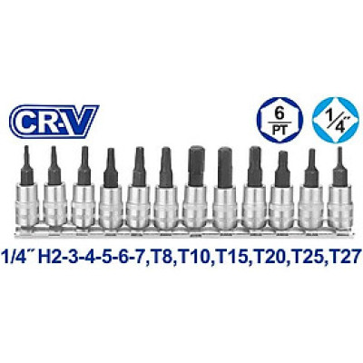 [CHÍNH HÃNG] Bộ 12 đầu tuýp1/4" ra đầu vít lụ giác, sao WST2414 WADFOW