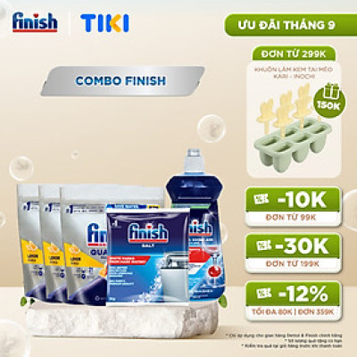 Combo Finish: Combo 3 Túi Viên Rửa Chén Bát Finish All In One,21 viên/túi + Nước làm bóng + Muối Rửa Chén Finish Salt túi 1kg