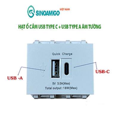 Ổ cắm USB type C + USB type A âm tường Sinoamigo P21-QC1, công nghệ sạc nhanh QC, lắp vừa mặt Pana chuẩn Wide - Hàng chính hãng