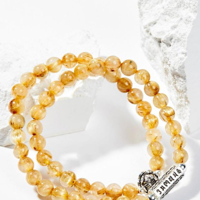 Vòng Chuỗi Hạt Đeo Tay 2 Lines Đá Thạch Anh Tóc Vàng Phối Charm Bạc (6mm) Mệnh Thổ, Kim Ngọc Quý Gemstones