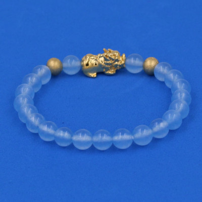 Vòng đeo tay Thạch Anh Xanh Biển 6 ly cẩn Tỳ Hưu inox vàng VTAXBTHHBV6 - hợp mệnh Mộc, mệnh Thủy