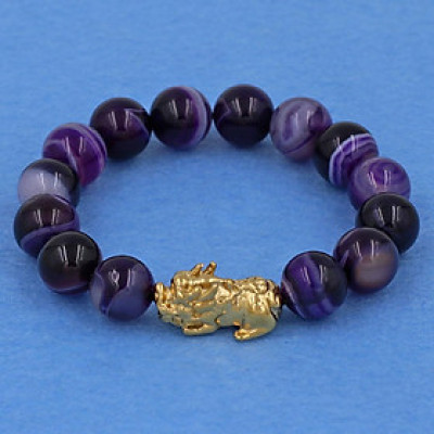 Chuỗi tay thạch anh tím sọc 12 ly - cẩn Tỳ Hưu inox vàng VTAISTHV12 - hợp mệnh Hỏa, mệnh Thổ