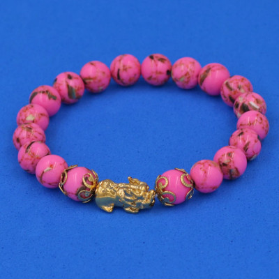 Chuỗi đeo tay San Hô Hồng Sen Sọc 8 ly - cẩn Tỳ Hưu Phong Thủy inox vàng VSHHPSTHHKV8