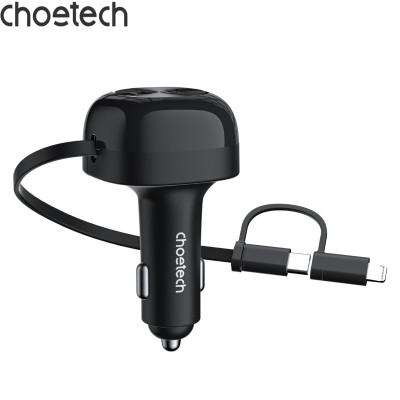 Tẩu sạc ô tô 75W Choetech TC0036 tích hợp cáp sạc rút Type C kèm đầu nối iP (Hàng chính hãng)