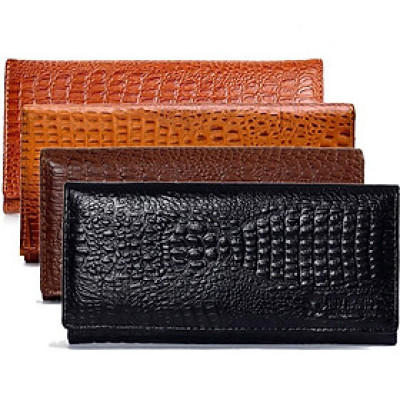 Bóp nữ da thật vân cá sấu Huy Hoàng 2 gấp vân nhỏ màu da, đen, nâu, vàng bò HC3101-02-03-04