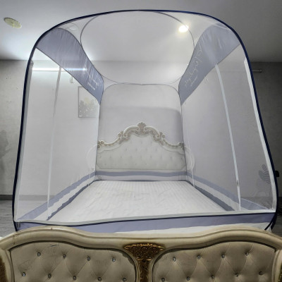 Màn Chụp Cao Cấp Mộc Miên Đỉnh Vuông - Xanh Xám 3 Đường Kẻ ( video , hình thật )