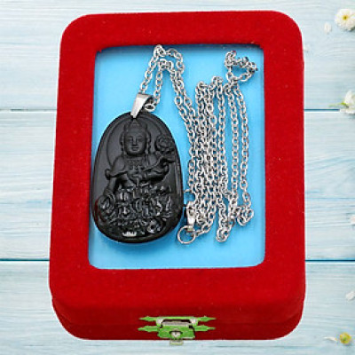 Vòng cổ Phổ Hiền Bồ Tát - thạch anh đen 3.6cm DITTEB2 - dây inox bạc - kèm hộp nhung - tuổi Thìn, Tỵ