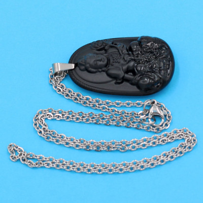 Vòng cổ Phổ Hiền Bồ Tát - thạch anh đen 3.6cm DITTEB2 - dây inox bạc - tuổi Thìn, Tỵ