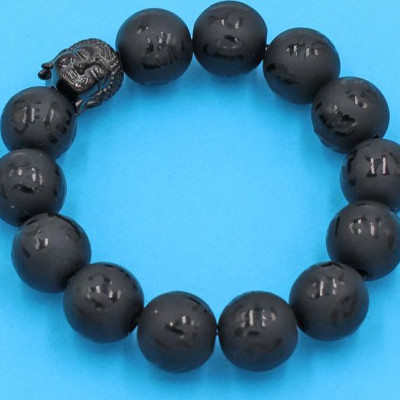 Chuỗi tay thạch anh đen Phật Chú khắc mờ 14 ly - cẩn hạt Như Lai inox đen VTEPCMNLE14 - hợp mệnh Thủy, mệnh Mộc