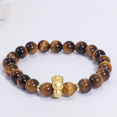 Vòng Tay Phong Thủy Đá Mắt Hổ Vàng Nâu Phối Charm Tuổi Ngọ Bạc Mạ Vàng 24K (8mm) Mệnh Thổ, Kim Ngọc Quý Gemstones