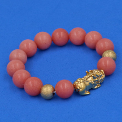 Vòng tay Thạch Anh Hồng Đào 12 ly - cẩn Tỳ Hưu Phong Thủy inox vàng VTAHDTHHBV12 - hợp mệnh Hỏa, mệnh Thổ