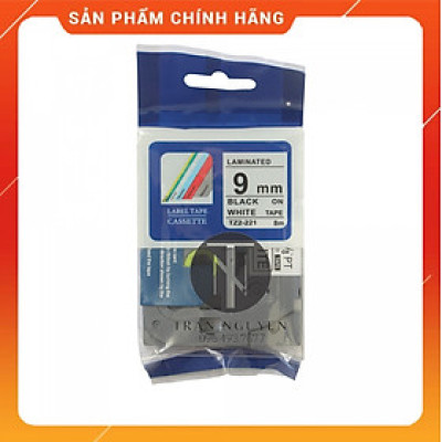 Nhãn In đa lớp Tz2-221 - Đen nền trắng 9mm x 8m - Hàng nhập khẩu