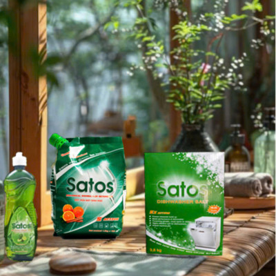 COMBO Bột rửa bát sinh học Satos+Muối 1.5kg+Bóng 800ml Hữu cơ - Dùng Cho Máy Rửa Bát