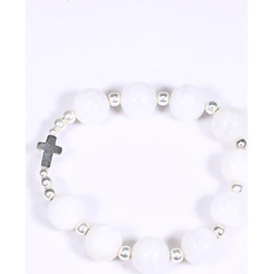 Vòng chuỗi mân côi đá xà cừ trắng mix thánh giá bạc hạt đá 10mm - Ngọc Quý Gemstones