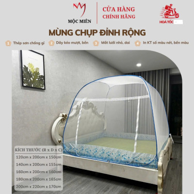 Màn Chụp , Mùng Chụp Cao Cấp Mộc Miên Đỉnh Rộng - Kích Thước 1,4mx2m Trắng Viền Xanh ( Hà Nội )