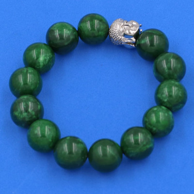 Vòng đeo tay Cẩm Thạch Đông Ninh 14 ly cẩn hạt Phật A Di Đà inox bạc VCTDNNLT14