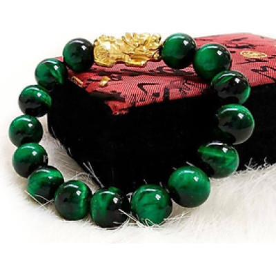 Vòng tay phong thủy đá mắt hổ xanh lá MS259 Tỳ hưu vàng