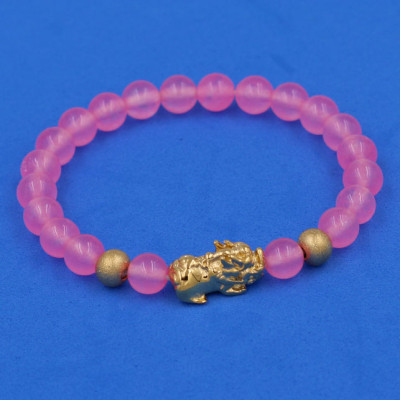 Vòng đeo tay Thạch Anh Hồng Phấn 6 ly cẩn Tỳ Hưu inox vàng VTAHPTHHBV6 - hợp mệnh Hỏa, mệnh Thổ