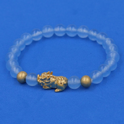 Vòng đeo tay Thạch Anh Xanh Biển 6 ly cẩn Tỳ Hưu inox vàng VTAXBTHHBV6 - hợp mệnh Mộc, mệnh Thủy