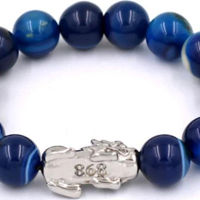 Chuỗi đeo tay thạch anh xanh dương sọc 12 ly - cẩn Tỳ Hưu inox VTAXDSTHT12 - hợp mệnh Mộc, mệnh Thủy