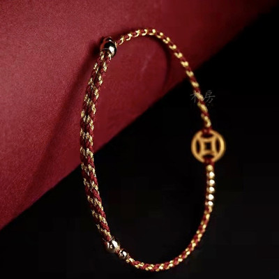 VÒNG TAY CHỈ ĐỎ BI VÀNG NGŨ LỘ THẦN TÀI TÂY TẠNG MANG TÀI LỘC VÀ BÌNH AN