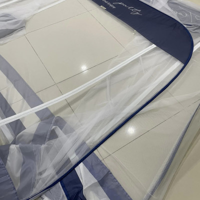 Màn Chụp Cao Cấp Mộc Miên Đỉnh Vuông - Xanh Xám 3 Đường Kẻ ( video , hình thật )