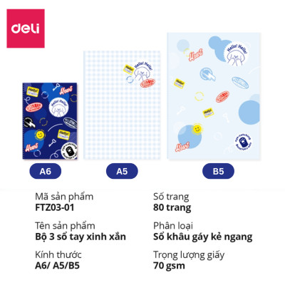 Combo 3 Cuốn Sổ Tay Ghi Chép Khâu Gáy 40 Trang Deli - FTZ03-01
