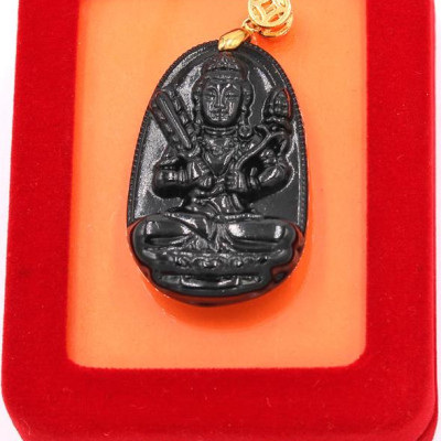 Mặt dây chuyền - Hư Không Tạng bồ tát - thạch anh đen 4.3cm - kèm hộp nhung - tuổi Sửu, Dần