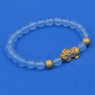 Vòng đeo tay Thạch Anh Xanh Biển 6 ly cẩn Tỳ Hưu inox vàng VTAXBTHHBV6 - hợp mệnh Mộc, mệnh Thủy