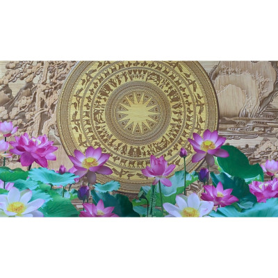(HCM)Tranh dán tường 3d hoa sen trống đồng trang trí phòng khách, nhà hàng, khách sạn có sẵn keo