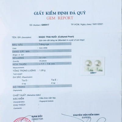 Bộ trang sức Ngọc trai tự nhiên, kèm GIẤY KIỂM ĐỊNH SẢN PHẨM MẪU TẠI SJC LAB, Cỡ hạt 8li, bao gồm Vòng Cổ + Lắc tay + Hoa tai + Hộp lót gấm