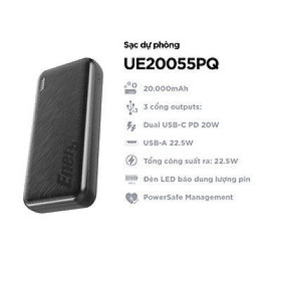 Sạc dự phòng Energizer 20,000mAh 3.7V Li-Polymer UE20055PQBK, bảo hàng 24 tháng 1 đổi 1 - Hàng chính hãng