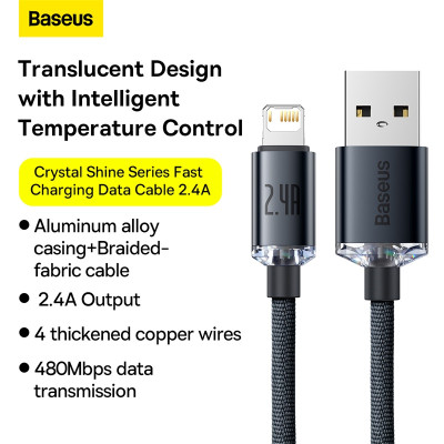 Cáp sạc nhanh, truyền dữ liệu tốc độ cao siêu bền USB to iP Baseus Crystal Shine Series Fast Charging Data Cable Ln 2.4A (Hàng chính hãng)