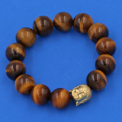 Vòng đeo tay đá Mắt Hổ vàng đen 14 ly cẩn hạt Phật A Di Đà inox vàng VMHVENLV14 - hợp mệnh Thổ, mệnh Kim