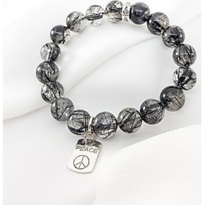 Vòng tay nam mệnh kim, thủy đá thạch anh tóc đen mix charm PEACE