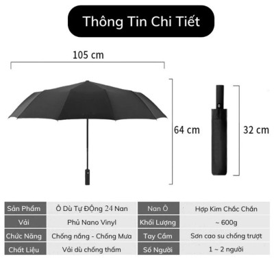 Dù Bấm Tự Động Che Nắng Mưa 12 Nan Kép Chống Thấm Nước Chống Tia UV Nhỏ Gọn Tiện Lợi