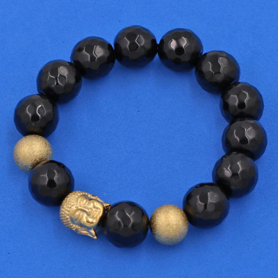 Vòng tay Thạch Anh Đen Cắt Giác 14 ly - Vòng tay Phật A Di Đà inox vàng VTAEGNLVHB14 - hợp mệnh Mộc, mệnh Thủy - Vòng đeo tay size lớn