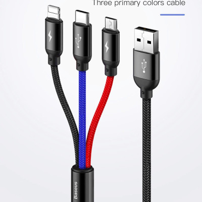 Cáp sạc 3in1 Baseus Three Primary Colors Fast Charging Cable 3.5A CAMLT-BSY USB to C+M+L- hàng chính hãng