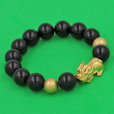 Vòng tay đá Thạch Anh Đen 12 ly - charm Bi vàng - cẩn Tỳ Hưu Phong Thủy inox vàng VTAETHHBV12 - hợp mệnh Thủy, mệnh Mộc