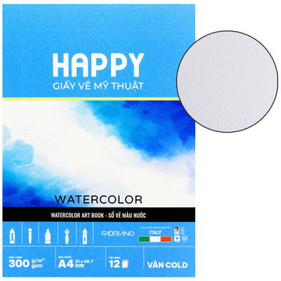 Sổ Vẽ Mỹ Thuật Gáy Keo Màu Nước A4 - Happy Water Color - Vân Cold - 300gsm (12 Tờ)